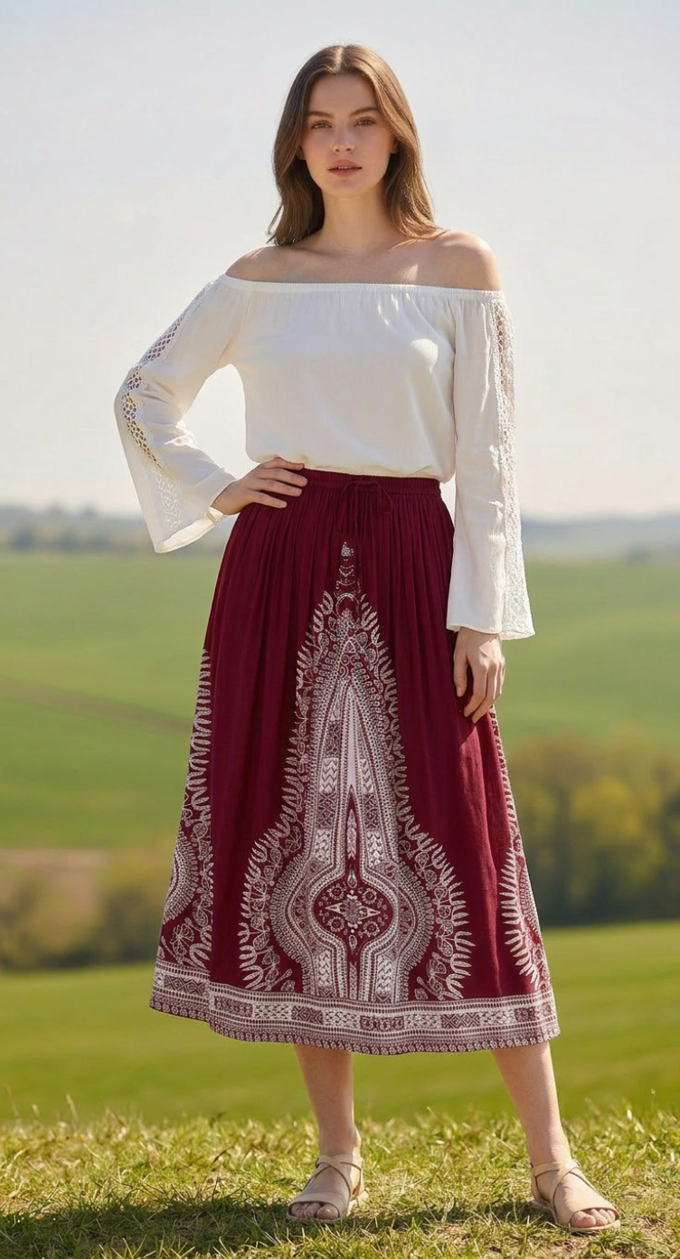 Women Red Rayon A Line Elastic Casual High Waist Drawstring Midi Skirt