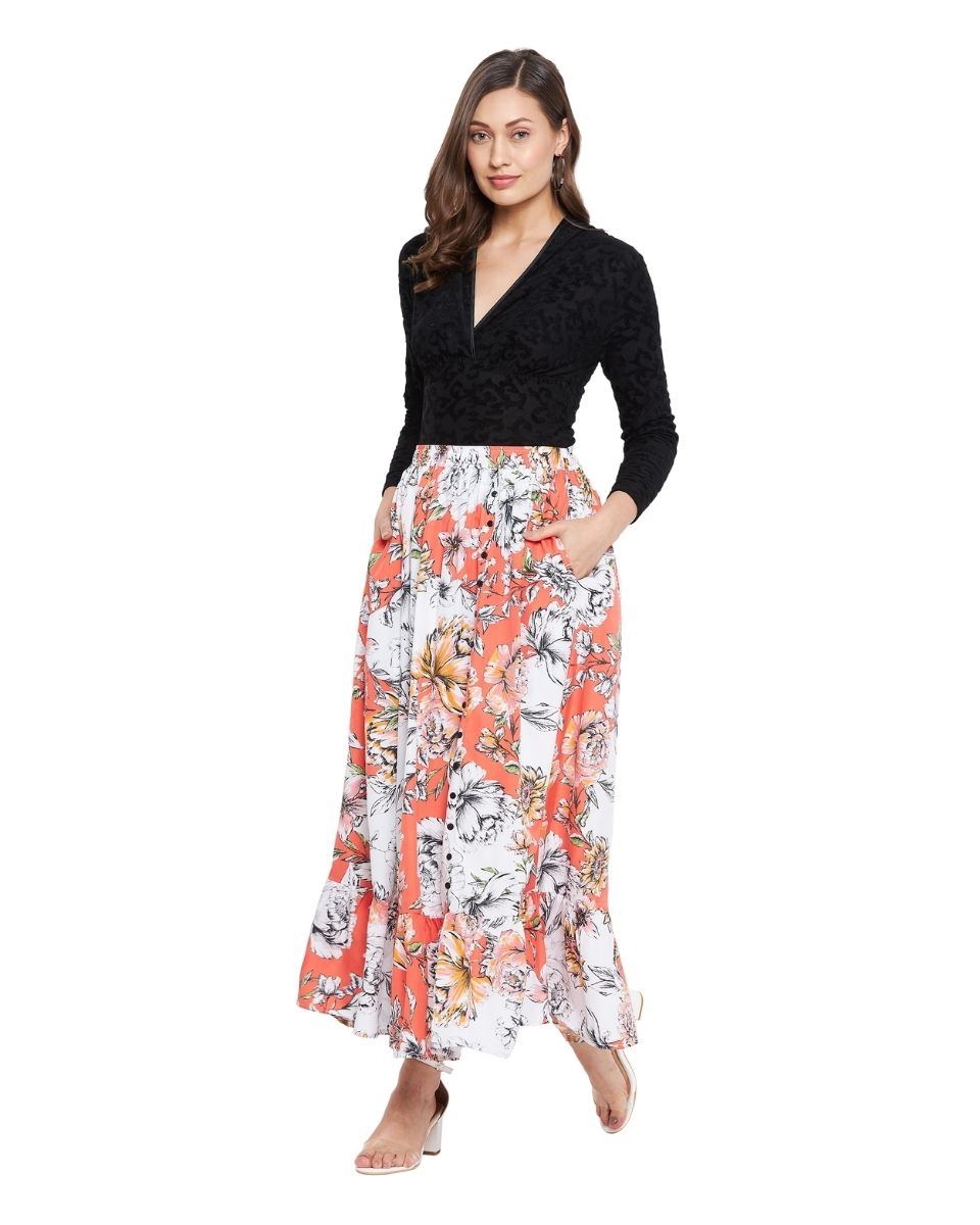 Floral Printed Multicolor Polyester Skirt For Women