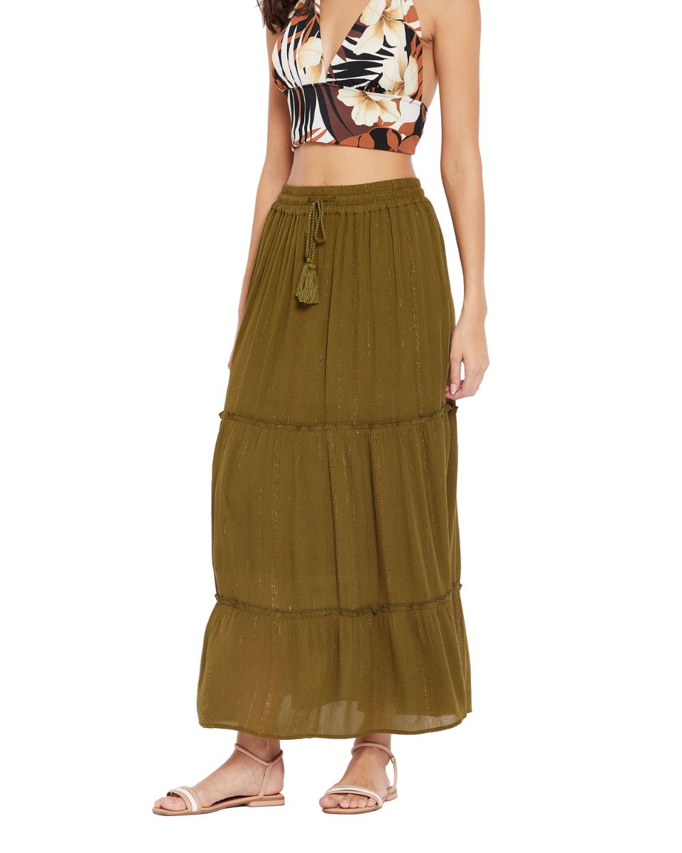 Olive Solid Rayon Skirt For Women