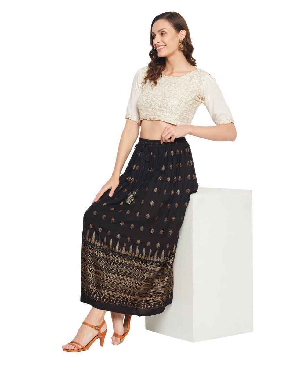 Gold Foil Print Black Rayon Skirt For Women