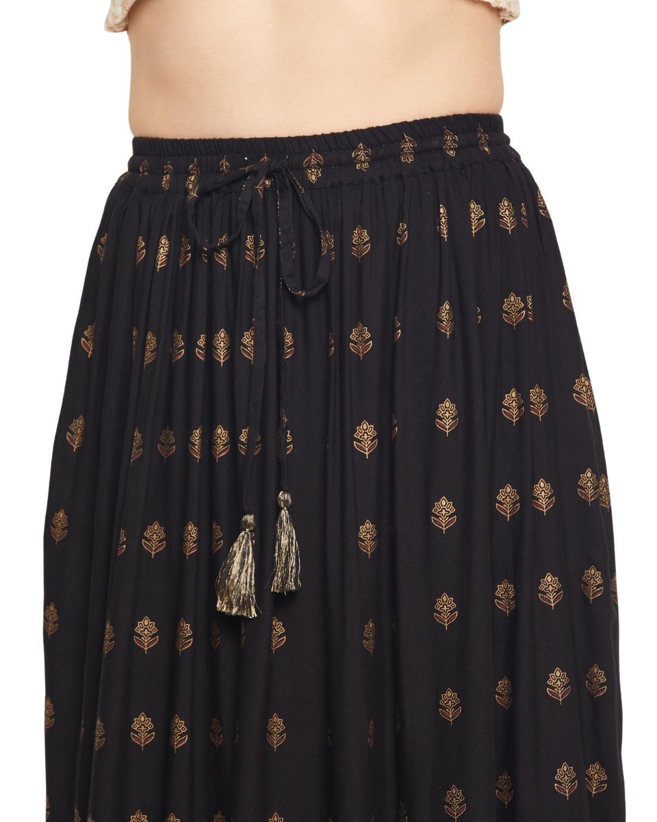 Gold Foil Print Black Rayon Skirt For Women