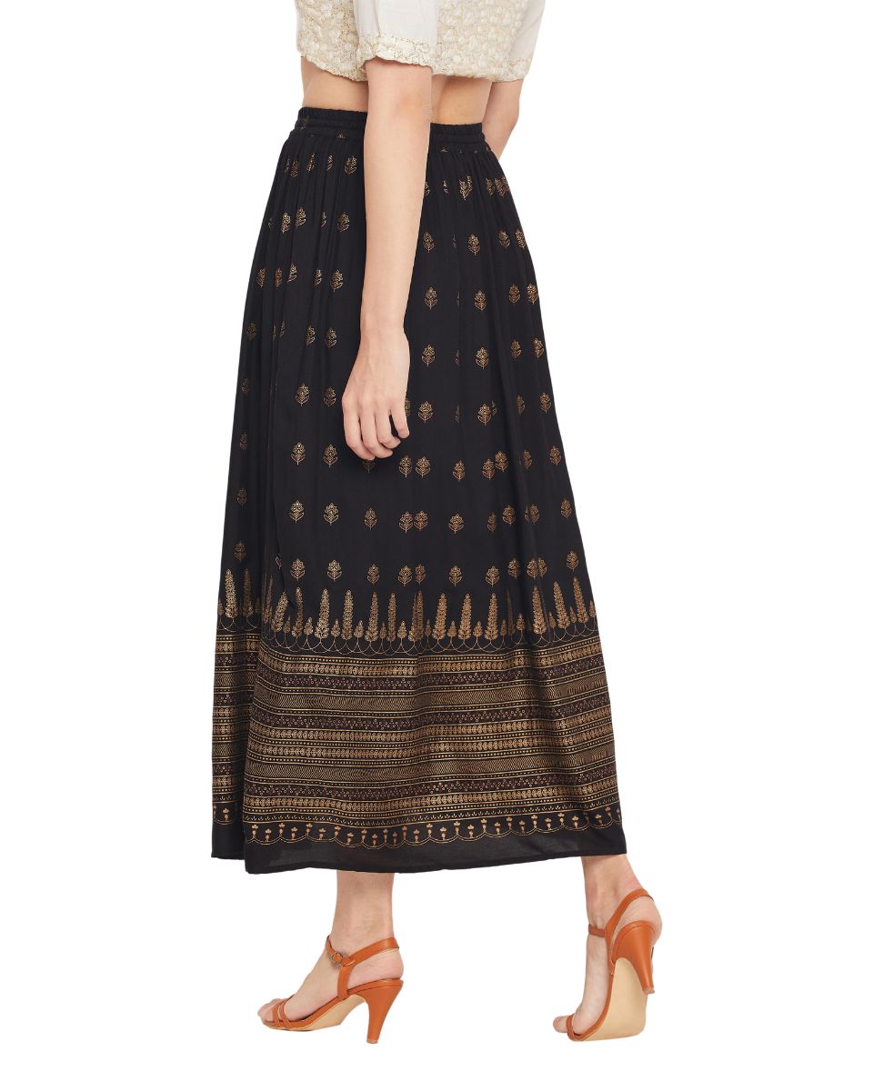 Gold Foil Print Black Rayon Skirt For Women