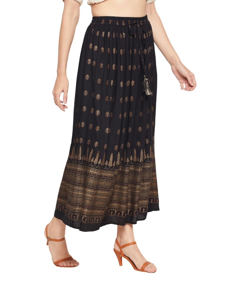 Gold Foil Print Black Rayon Skirt For Women