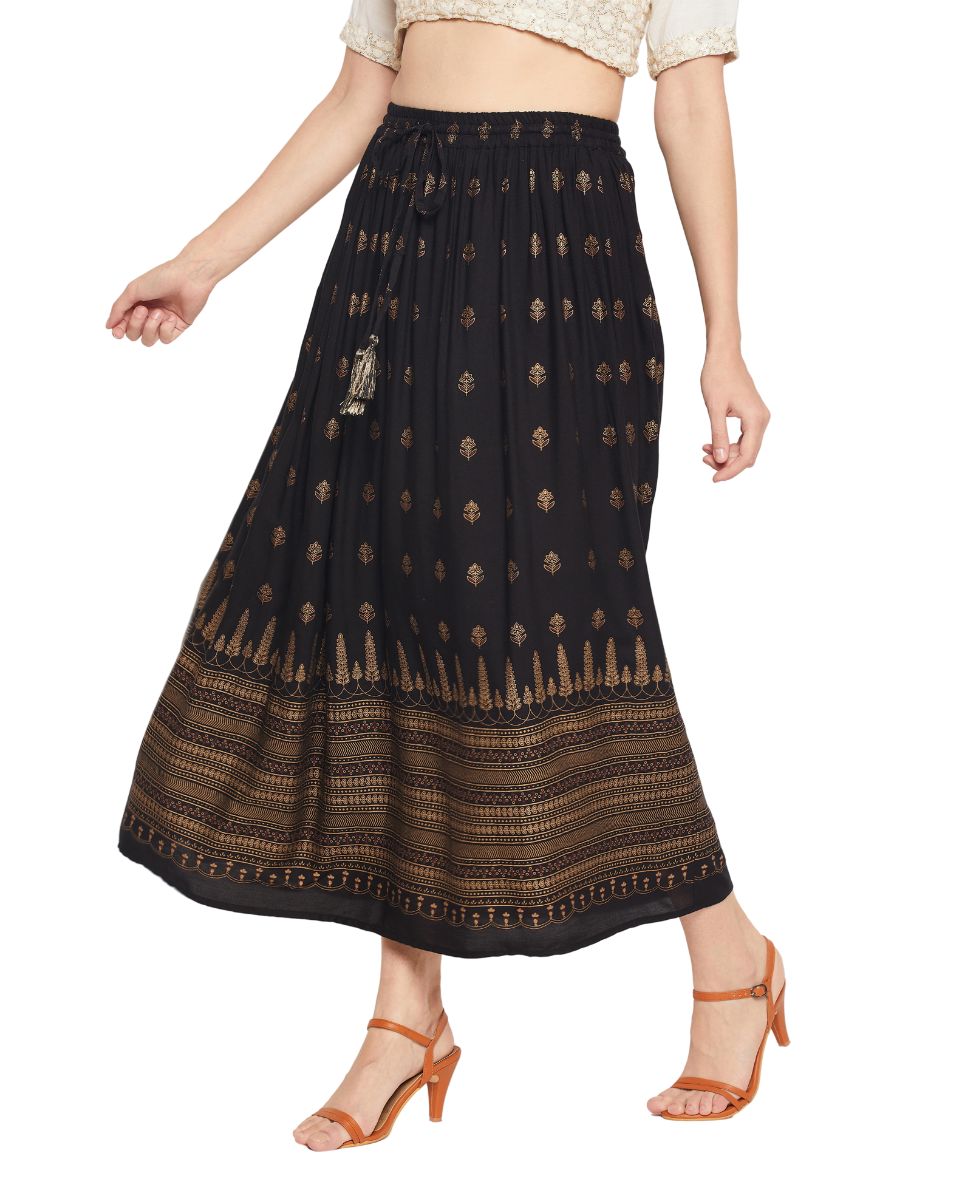 Gold Foil Print Black Rayon Skirt For Women