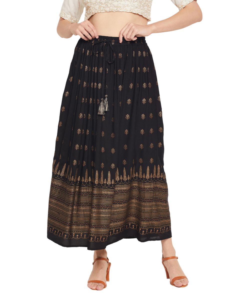 Gold Foil Print Black Rayon Skirt For Women