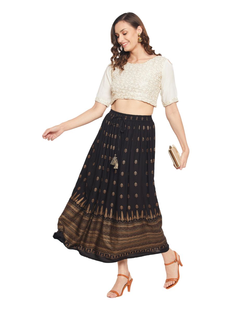 Gold Foil Print Black Rayon Skirt For Women