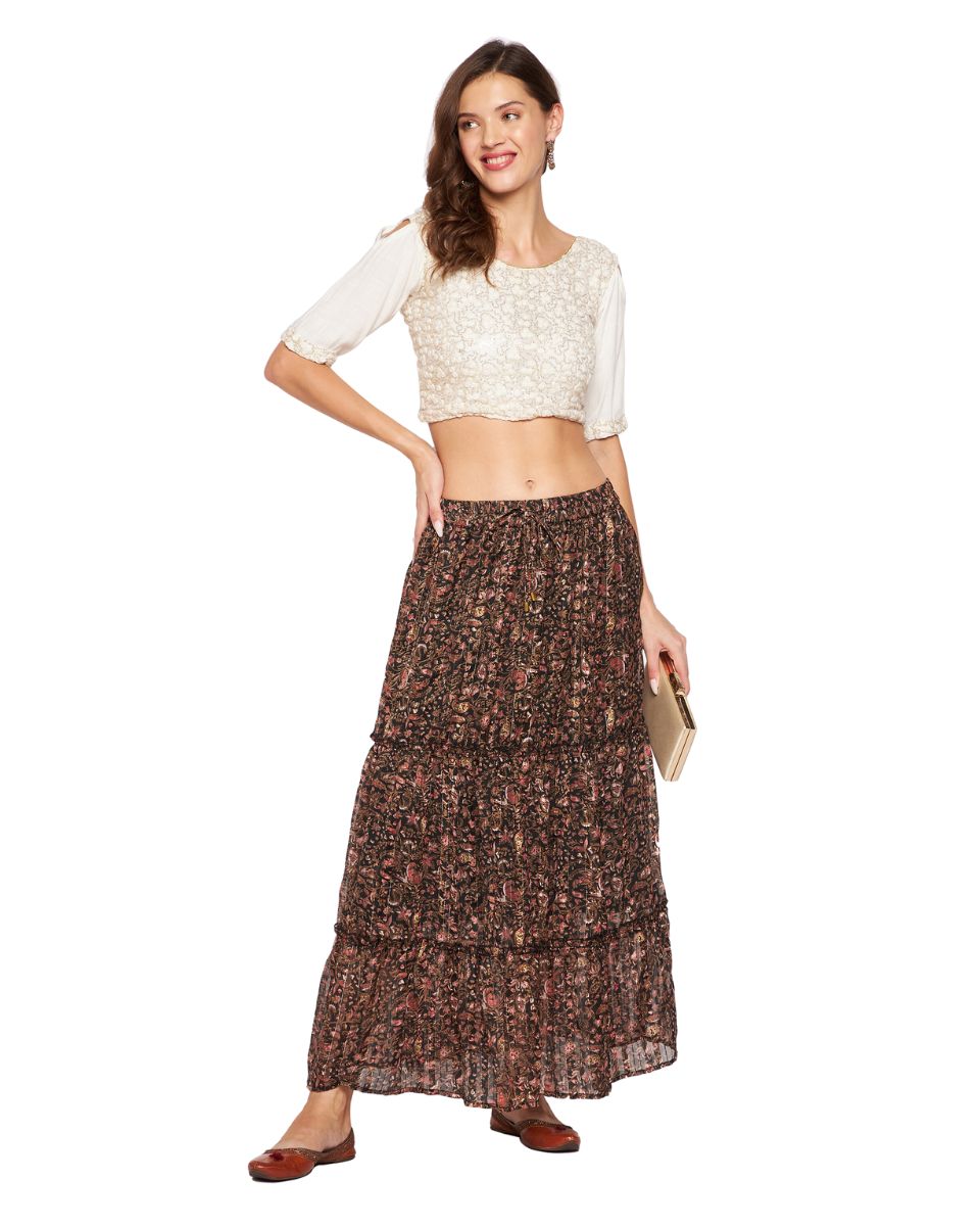 Brown Chiffon Floral Pleated Skirt For Women