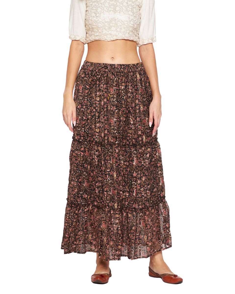 Brown Chiffon Floral Pleated Skirt For Women