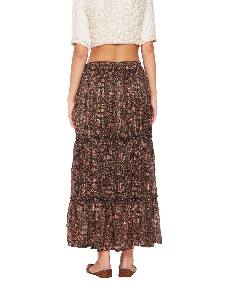 Brown Chiffon Floral Pleated Skirt For Women