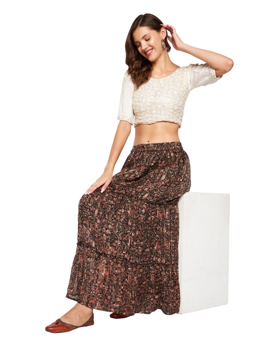 Brown Chiffon Floral Pleated Skirt For Women