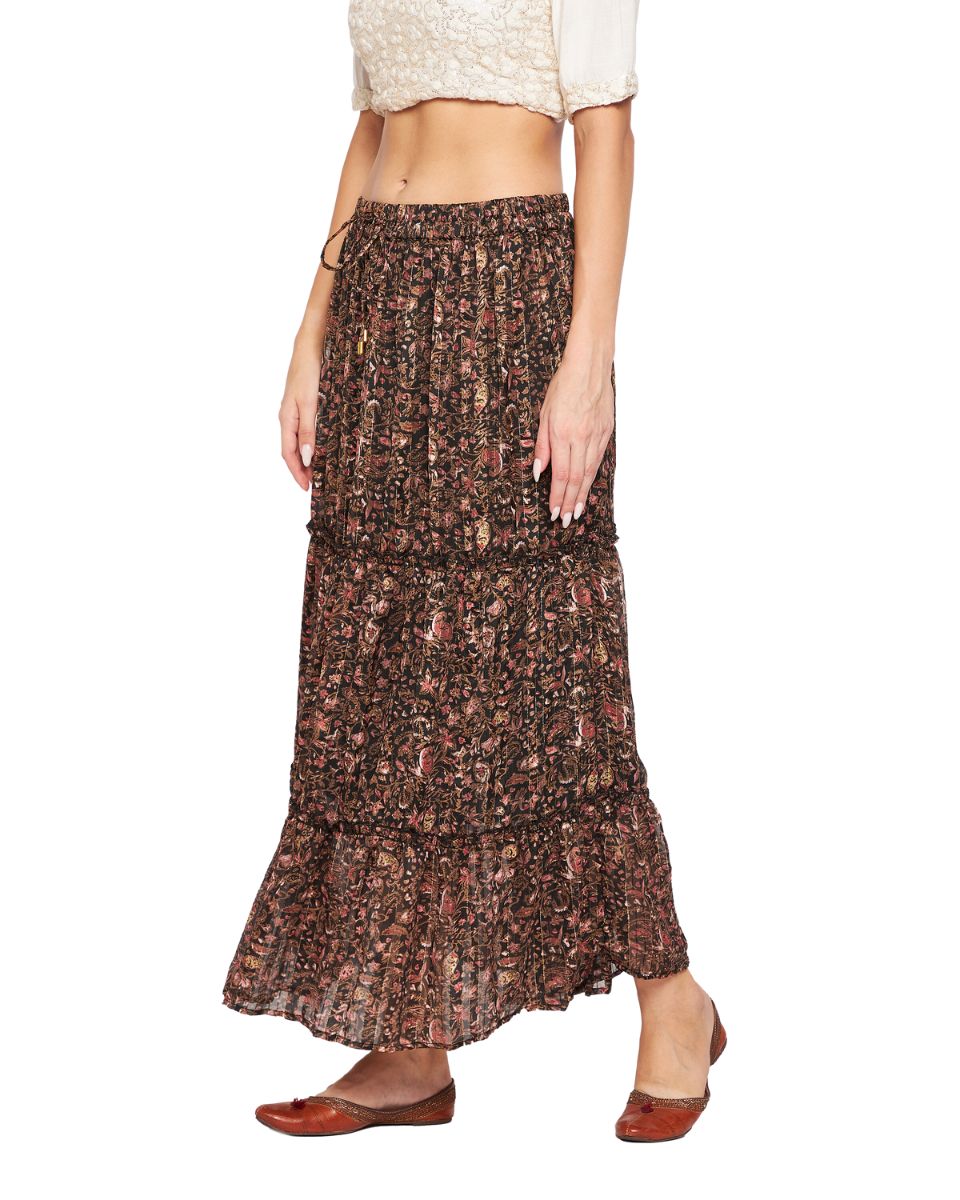 Brown Chiffon Floral Pleated Skirt For Women