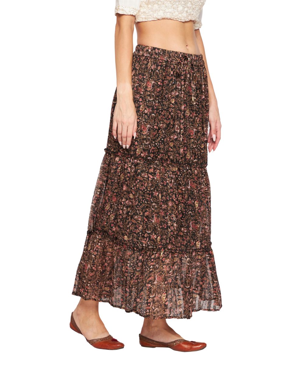 Brown Chiffon Floral Pleated Skirt For Women