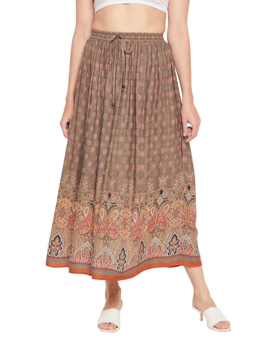 Boarder Print Rayon Brown Pleated Skirt For Women