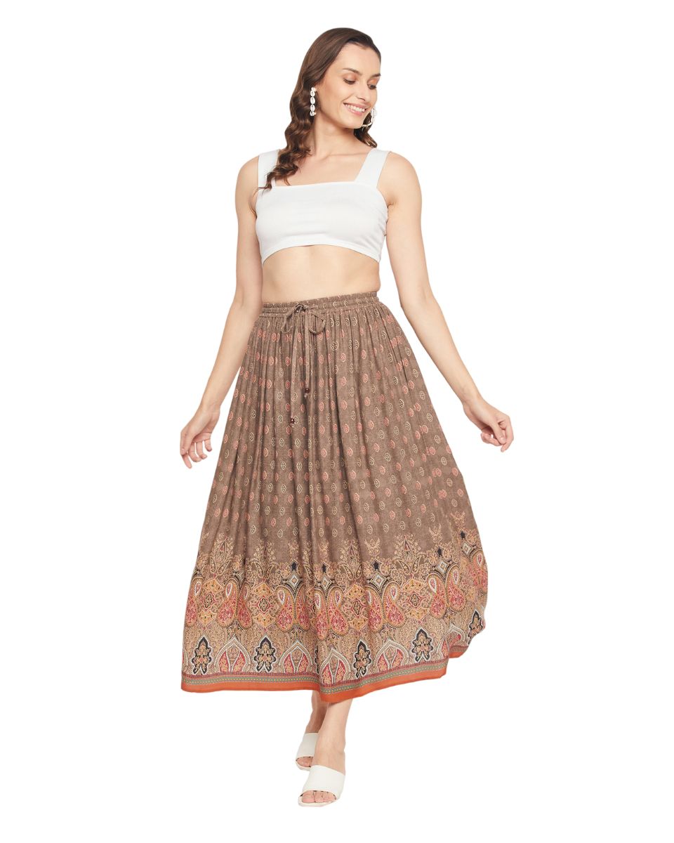 Boarder Print Rayon Brown Pleated Skirt For Women