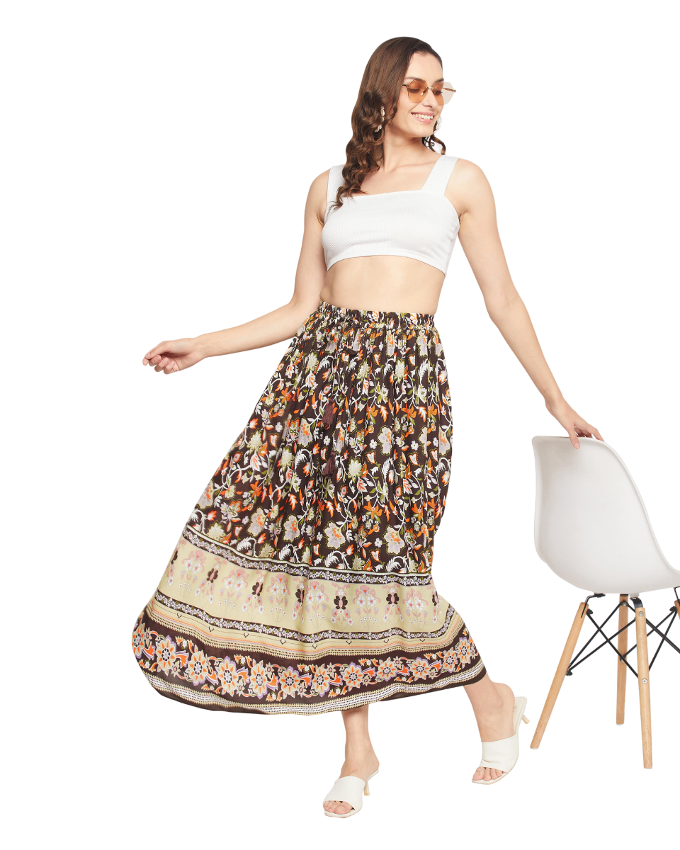 Boarder Print Pleated Brown Rayon Skirt For Women