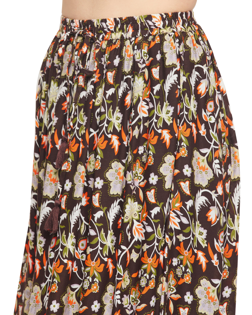 Boarder Print Pleated Brown Rayon Skirt For Women