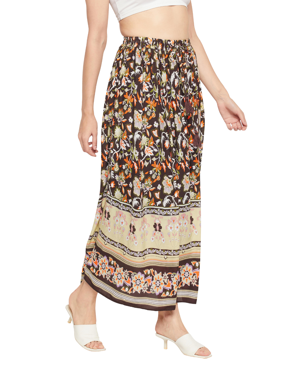 Boarder Print Pleated Brown Rayon Skirt For Women