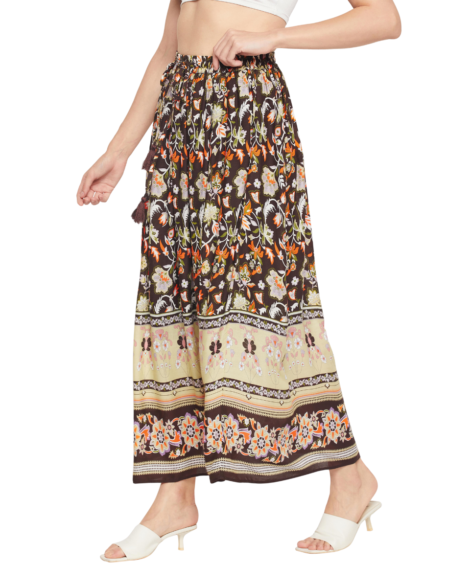 Boarder Print Pleated Brown Rayon Skirt For Women