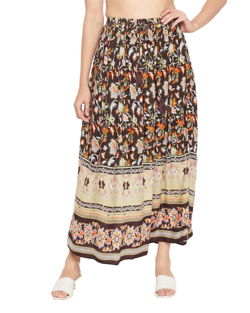 Boarder Print Pleated Brown Rayon Skirt For Women