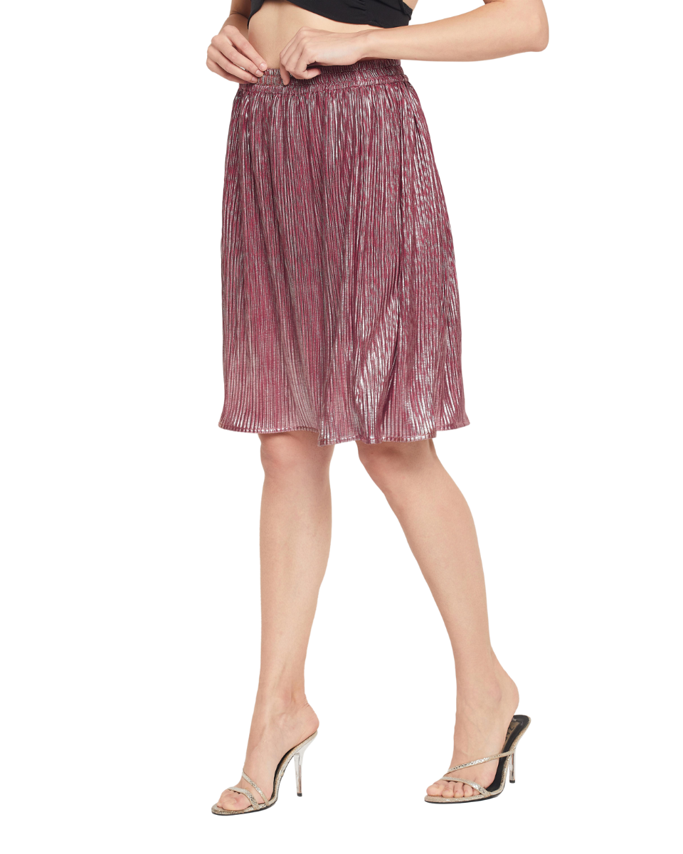 Eggplant Color Poly Knit Pleated Mini Skirt For Women