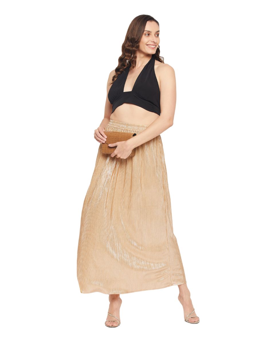 Champagne Color Poly Knit Pleated Maxi Skirt For Women