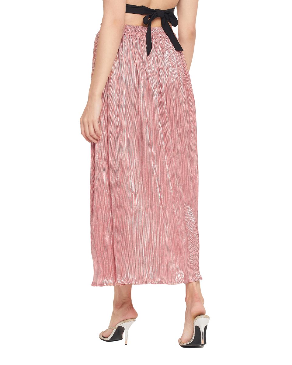 Light Pink Poly Knit Pleated Maxi Skirt For Women