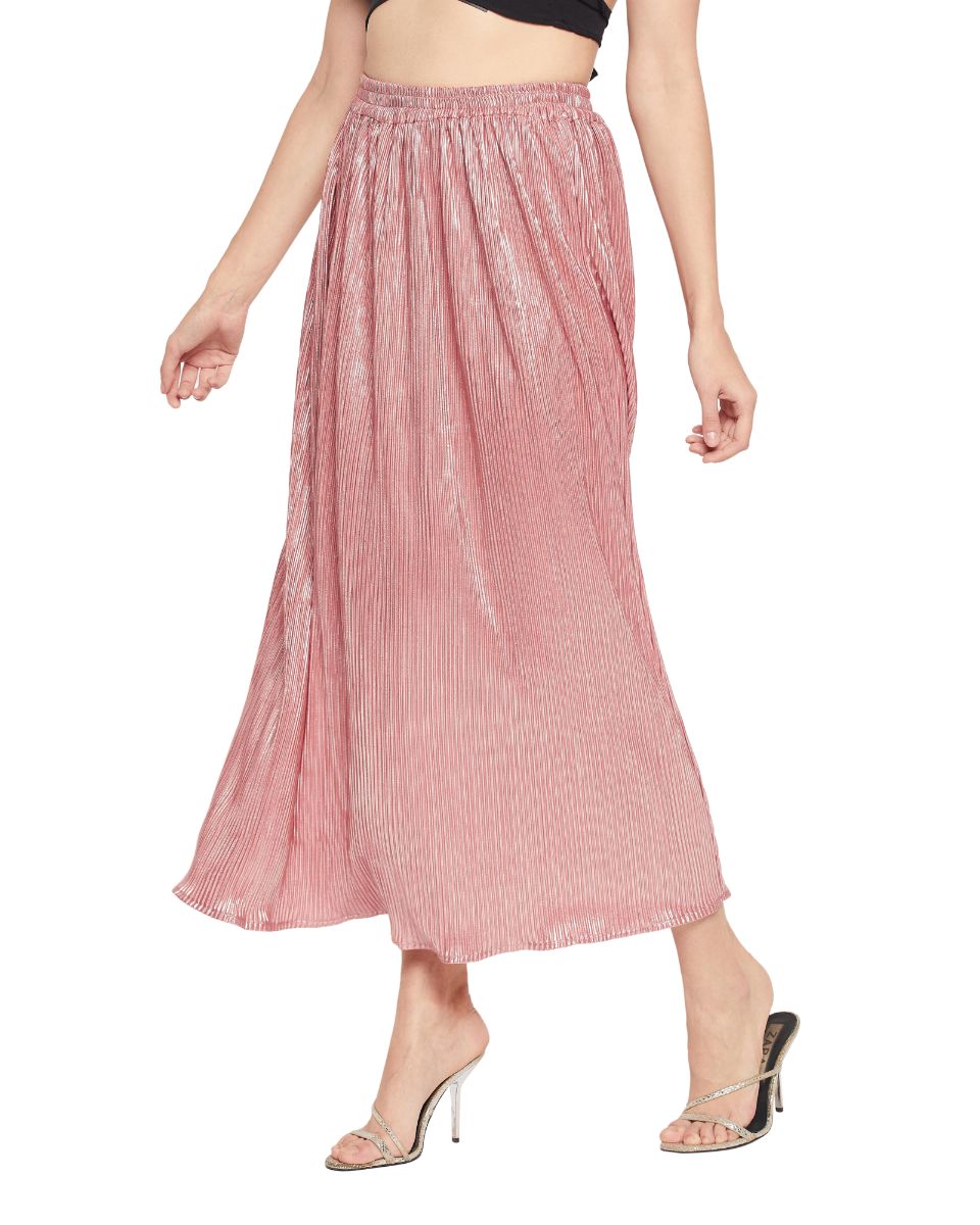 Light Pink Poly Knit Pleated Maxi Skirt For Women