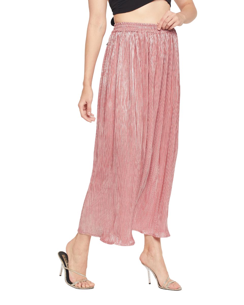 Light Pink Poly Knit Pleated Maxi Skirt For Women