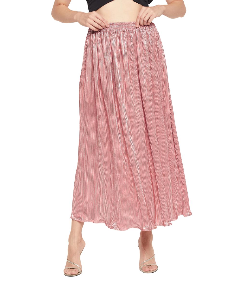 Light Pink Poly Knit Pleated Maxi Skirt For Women