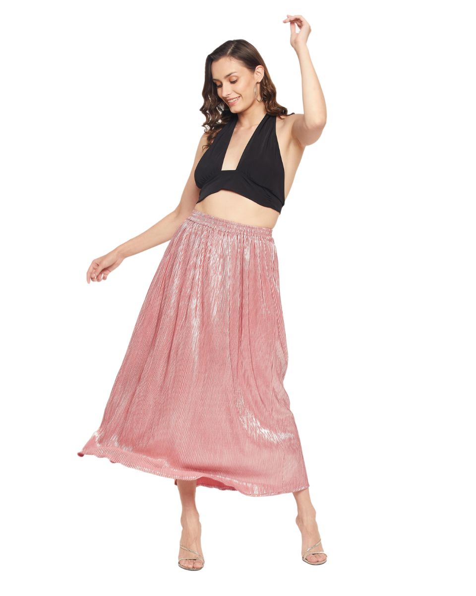 Light Pink Poly Knit Pleated Maxi Skirt For Women