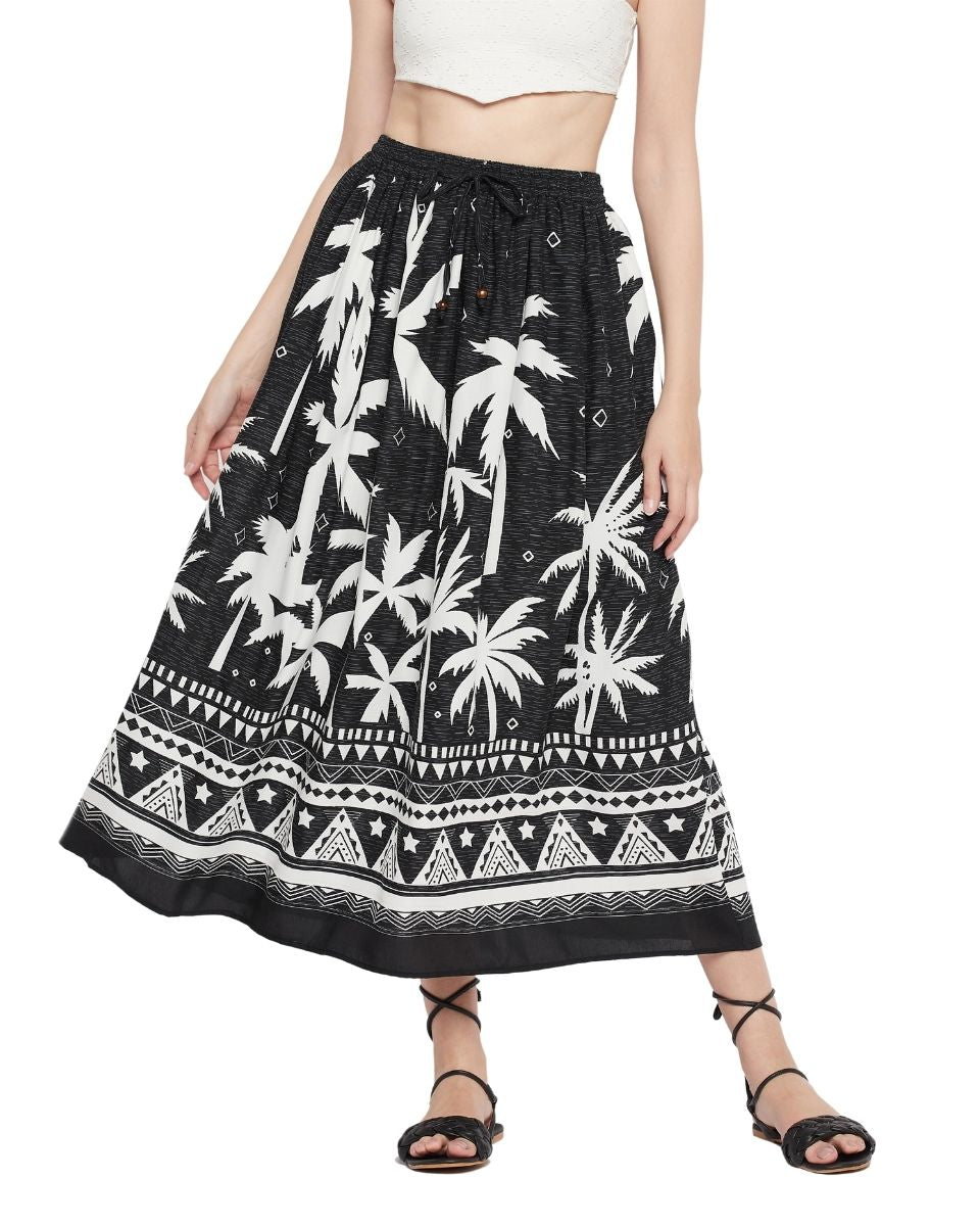 Tribal Printed Black Rayon Skirt for Women