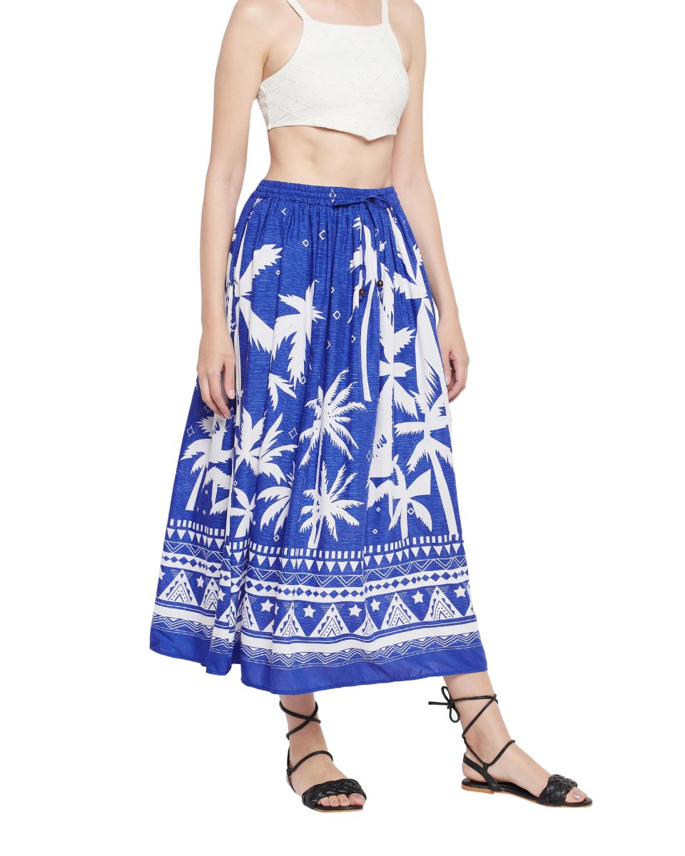 Tropical Print Blue Rayon Skirt For Women