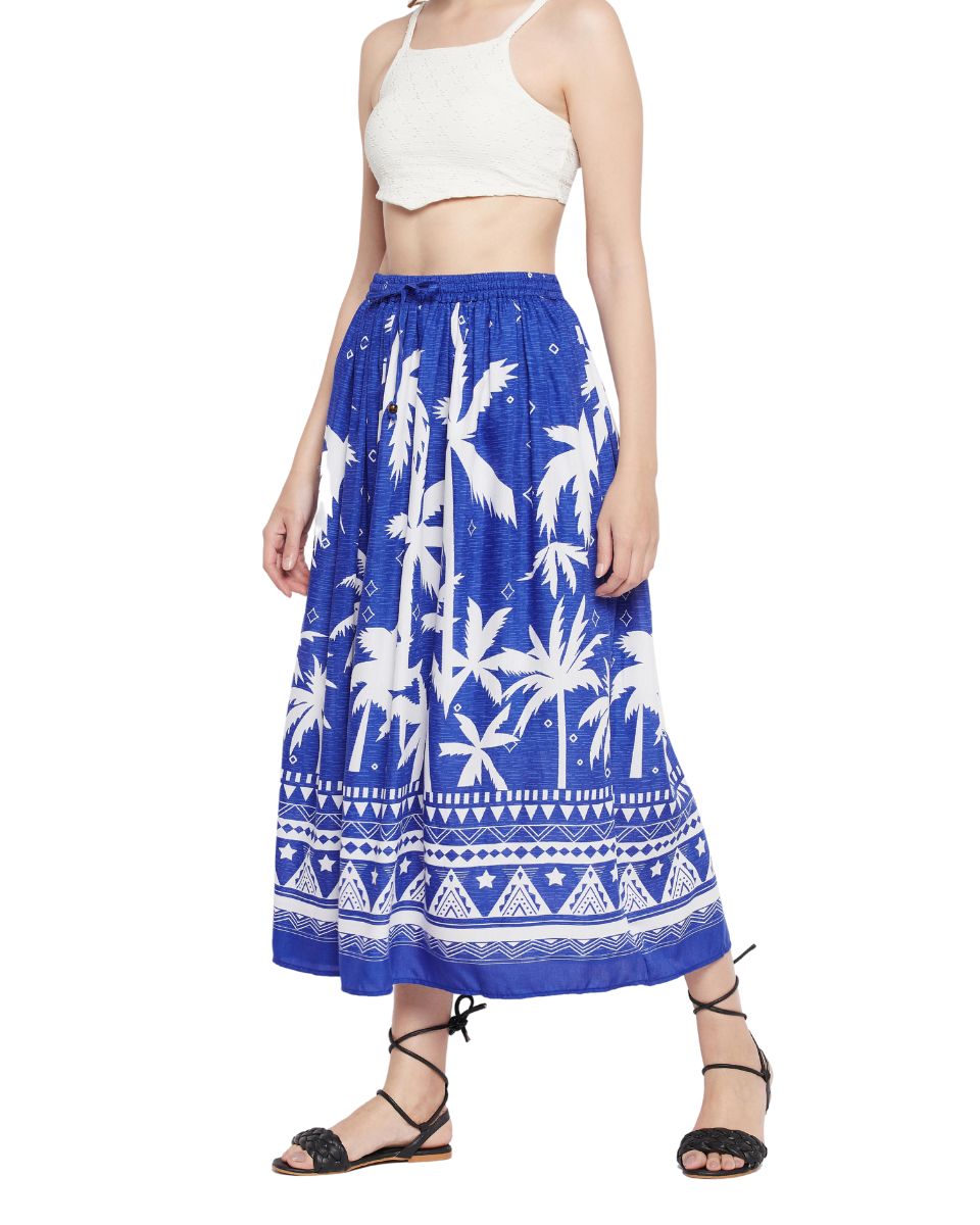 Tropical Print Blue Rayon Skirt For Women