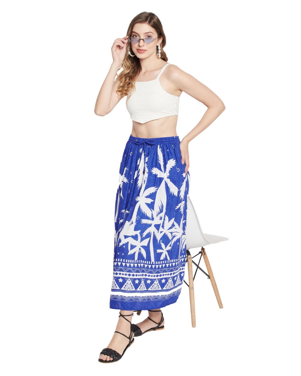 Tropical Print Blue Rayon Skirt For Women