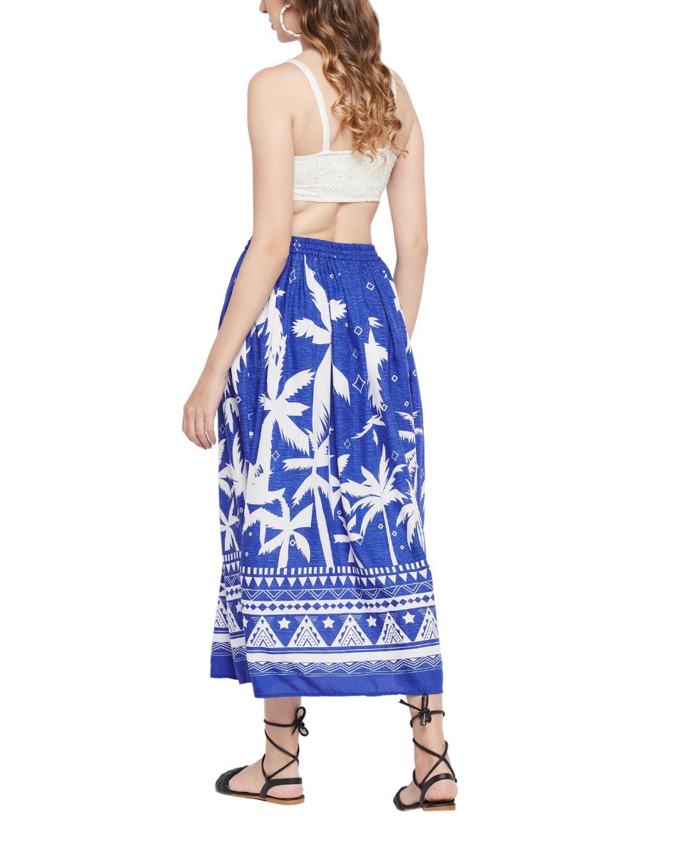 Tropical Print Blue Rayon Skirt For Women