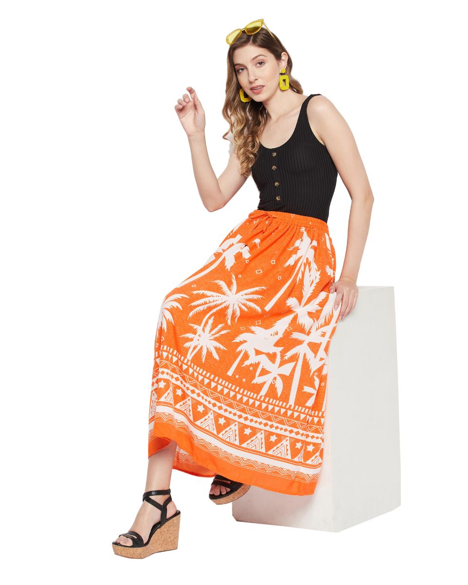 Orange Color Tropical Print Rayon Skirt For Women