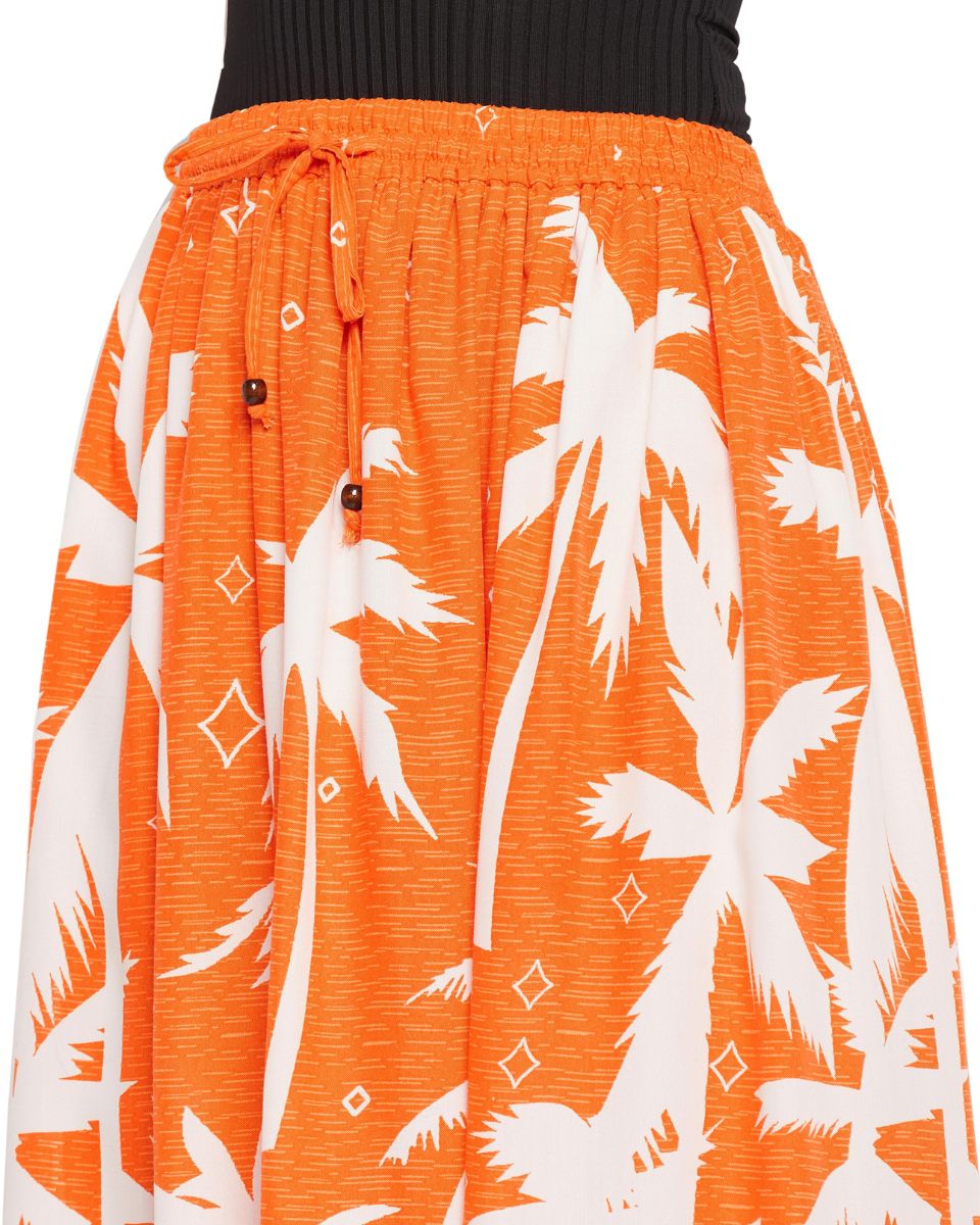 Orange Color Tropical Print Rayon Skirt For Women