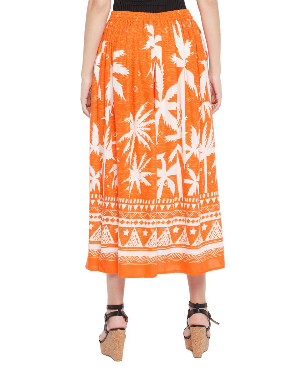 Orange Color Tropical Print Rayon Skirt For Women