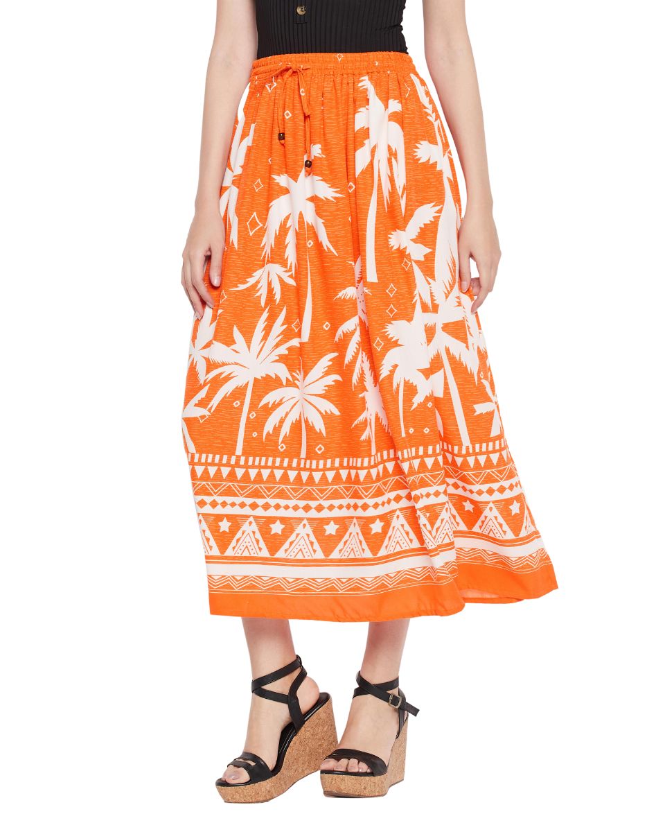 Orange Color Tropical Print Rayon Skirt For Women