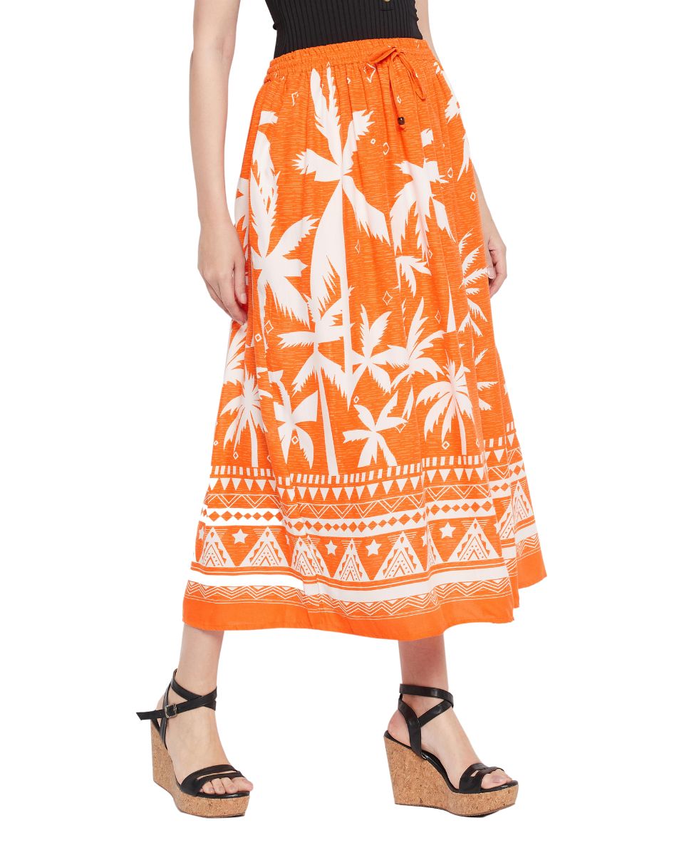 Orange Color Tropical Print Rayon Skirt For Women