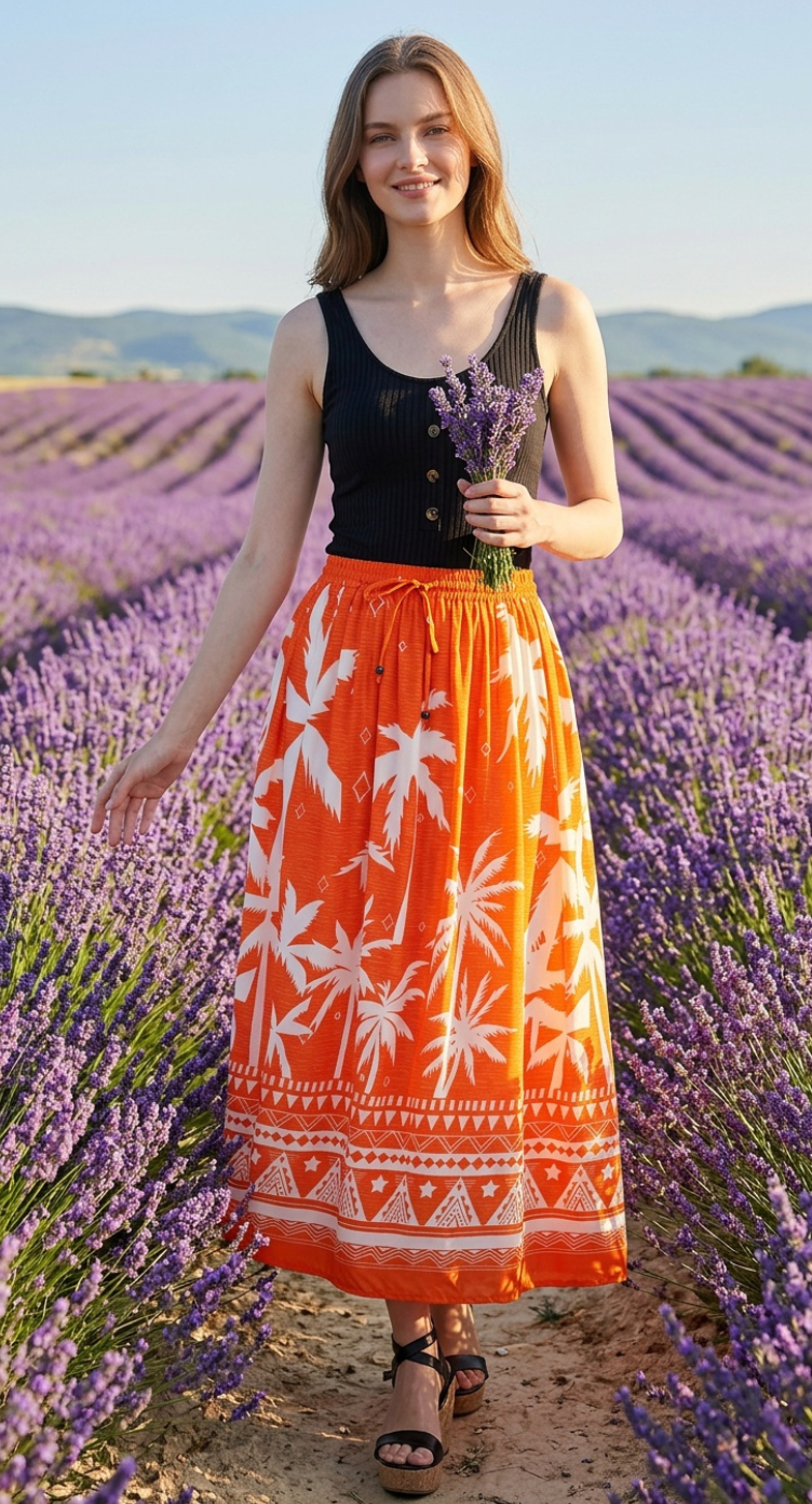 Orange Color Tropical Print Rayon Skirt For Women