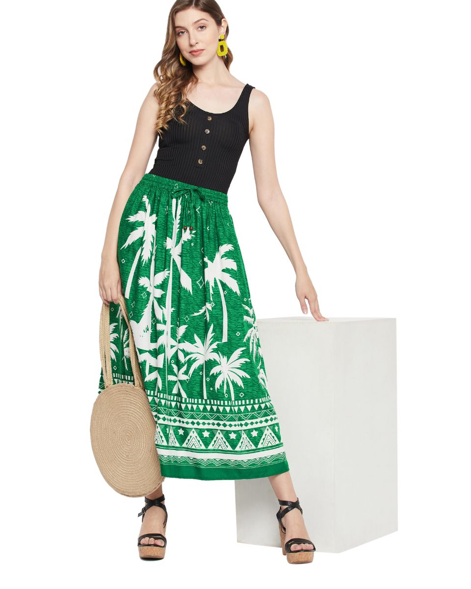 Green Color Tropical Print Rayon Skirt For Women