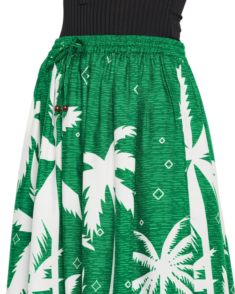 Green Color Tropical Print Rayon Skirt For Women