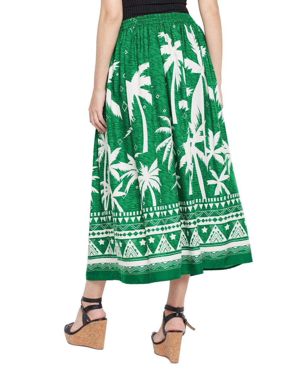 Green Color Tropical Print Rayon Skirt For Women