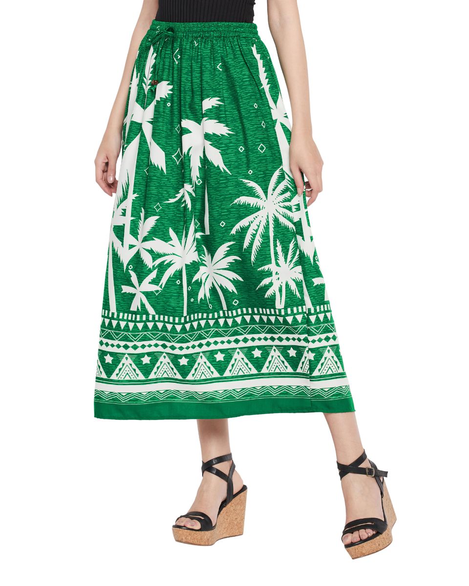 Green Color Tropical Print Rayon Skirt For Women