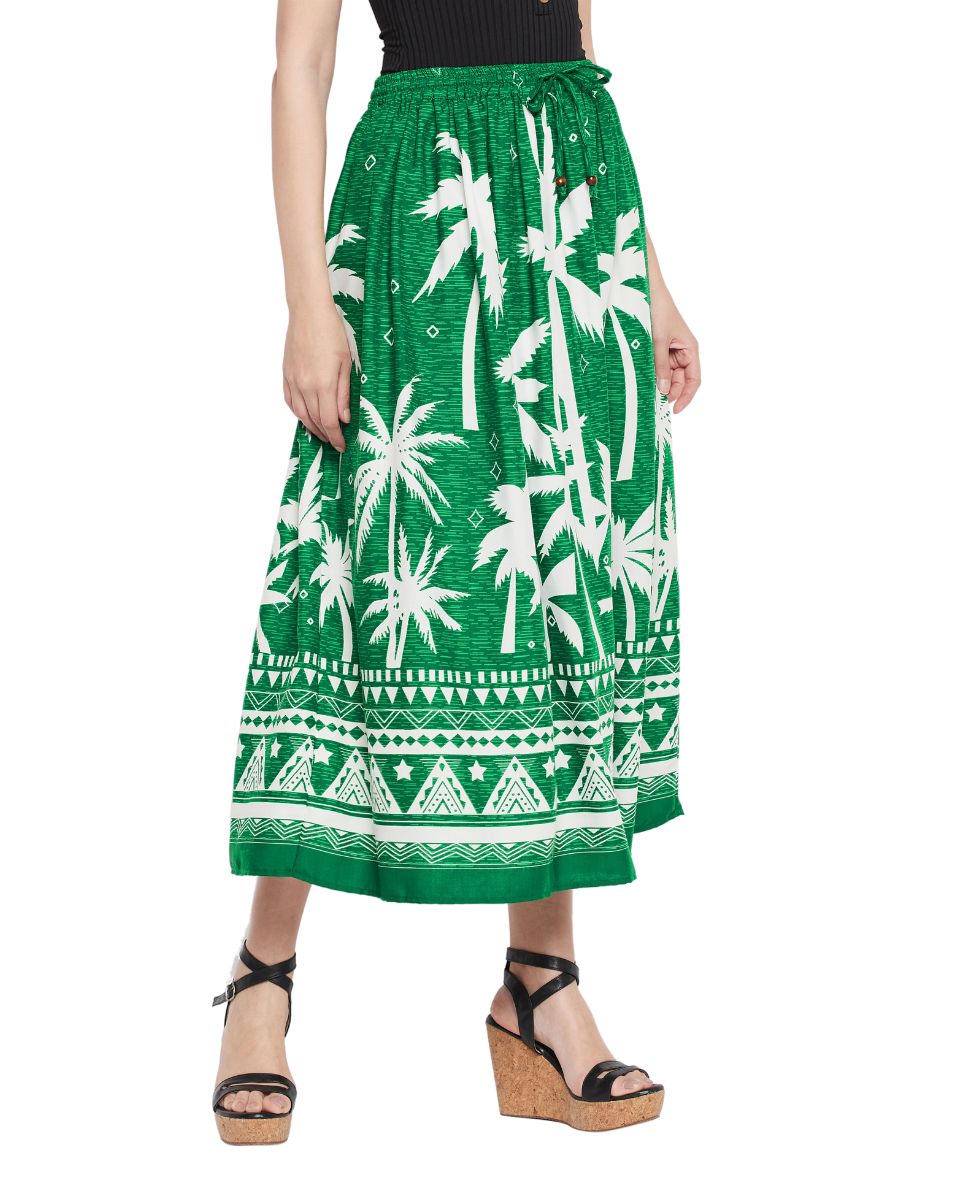 Green Color Tropical Print Rayon Skirt For Women