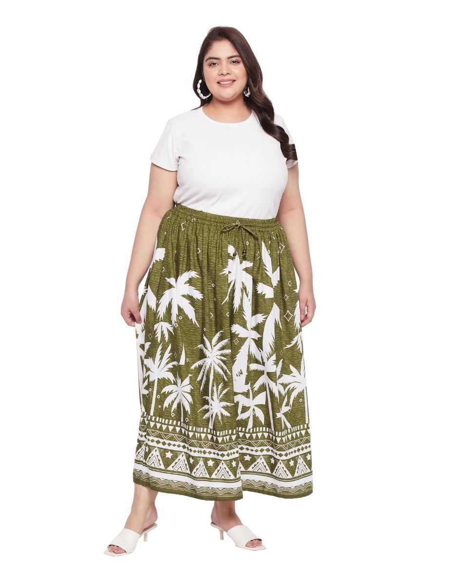 Olive Green Tropical Print Rayon Crepe Maxi Skirt For Women