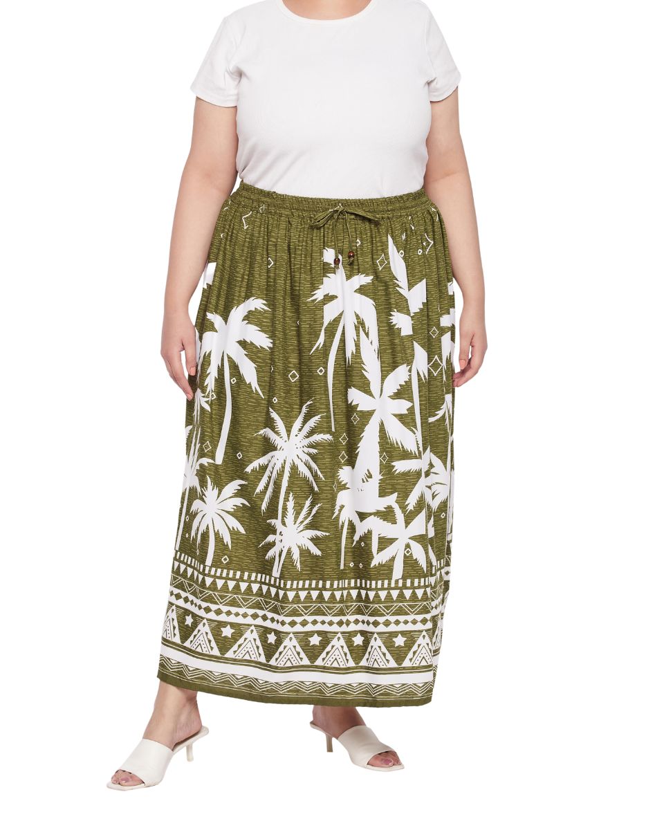 Olive Green Tropical Print Rayon Crepe Maxi Skirt For Women