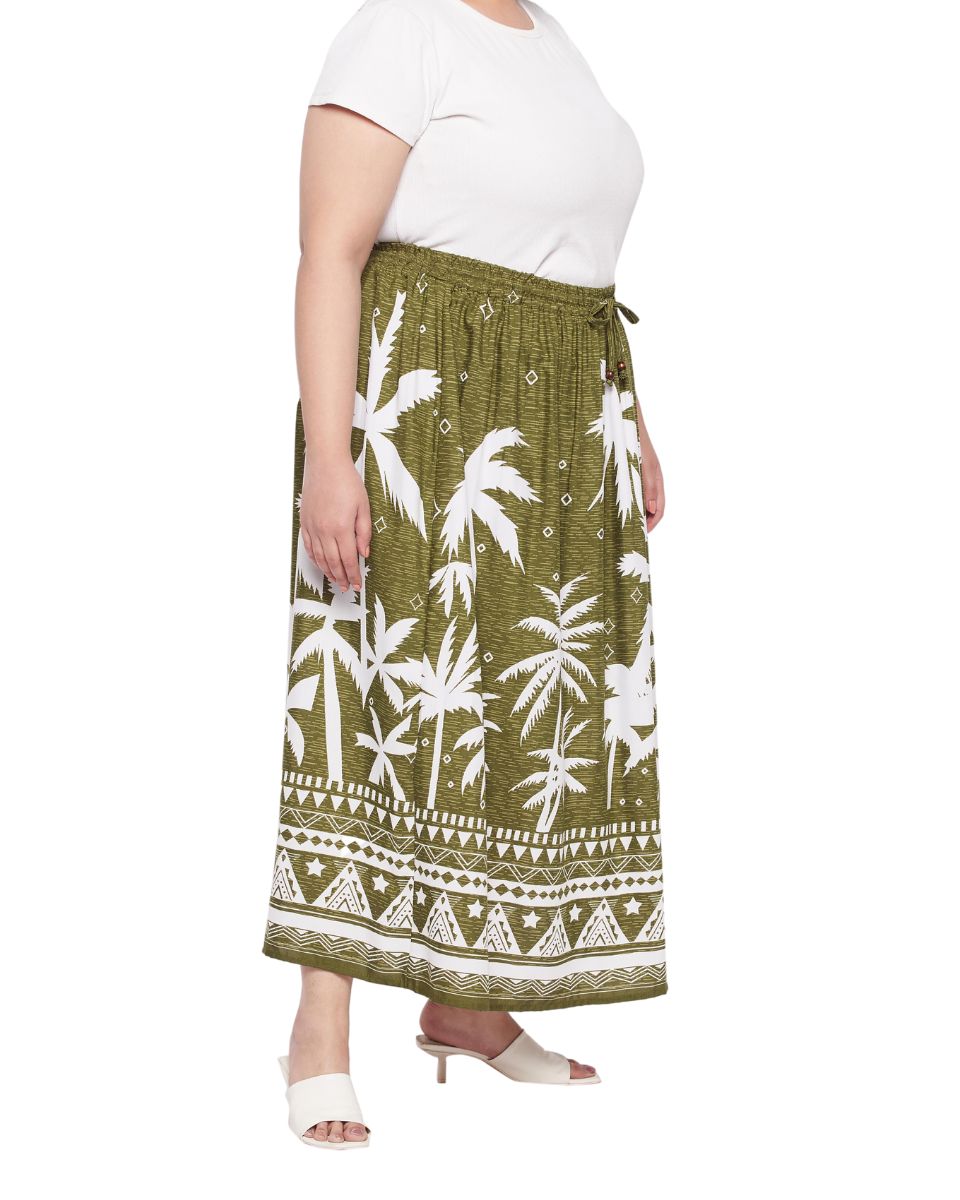 Olive Green Tropical Print Rayon Crepe Maxi Skirt For Women