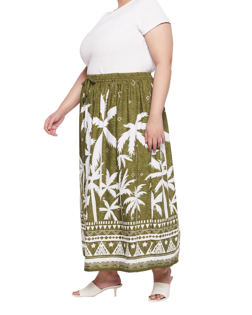 Olive Green Tropical Print Rayon Crepe Maxi Skirt For Women